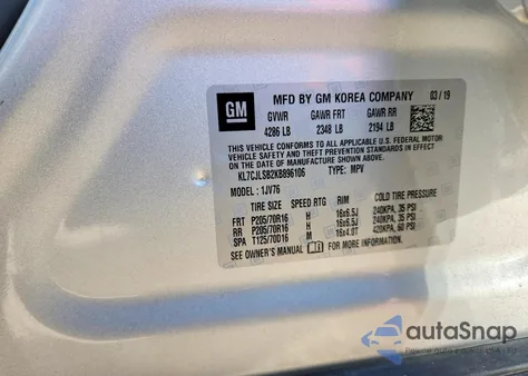 2019 Chevrolet Trax 1Lt из США, поврежденный, VIN KL7CJLSB2KB896106